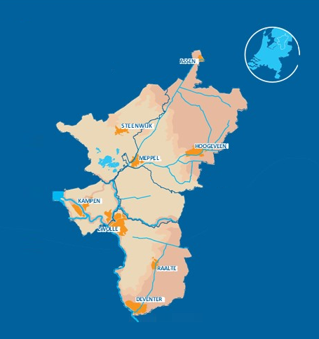 Afbeelding van het werkgebied van Drents Overijsselse Delta in Oost Nederland met de steden Assen, Steenwijk, Hoogeveen, Meppel, Kampen. Zwolle, Raalte en Deventer