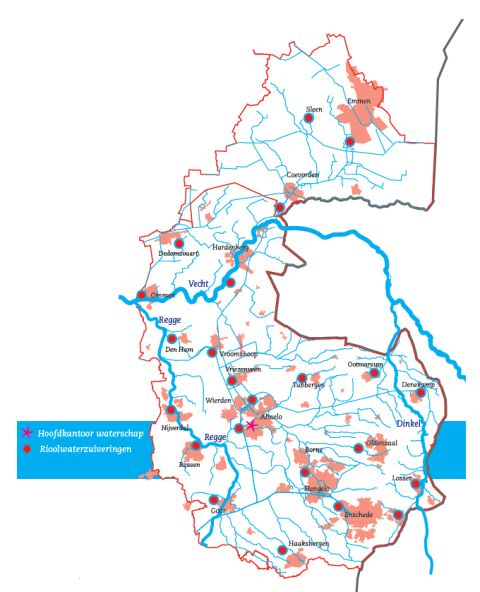Op de afbeelding staat een kaart van het werkgebied van Vechtstromen met de locatie van de 23 rioolzuiveringen en het hoofdkantoor van het waterschap